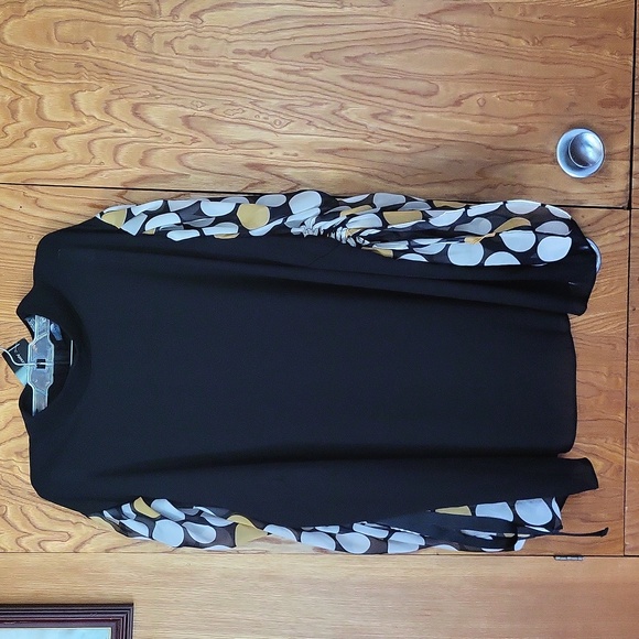 Ashley Stewart black blouse with flowing sheer black, whit and yellow sleeves - Picture 1 of 9
